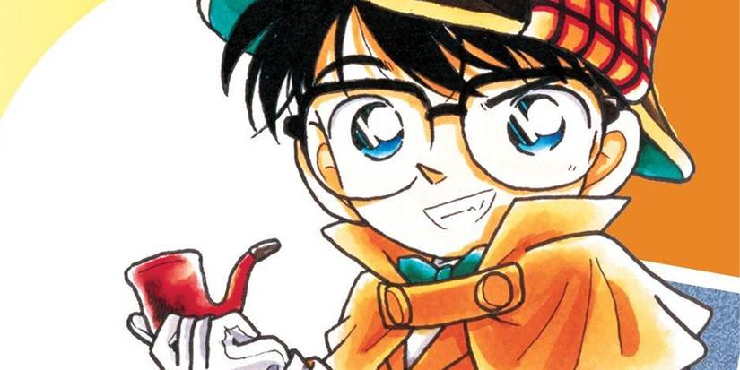 Le détective Conan est habillé en Sherlock Holmes et tient une pipe sur une couverture de manga.