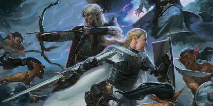 Lightning surrounds an archer and an armor-clad warrior, as they take on a goblin army