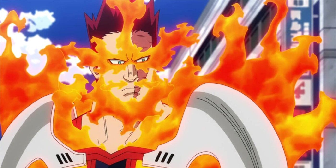 My Hero Academia: Endeavor looks to the side while his fire quirk is on.