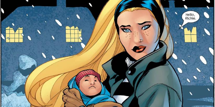 A young Aunt May brings baby Peter Parker to his father.