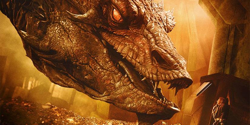 Bilbo Baggins standing in front of the dragon Smaug in Erebor