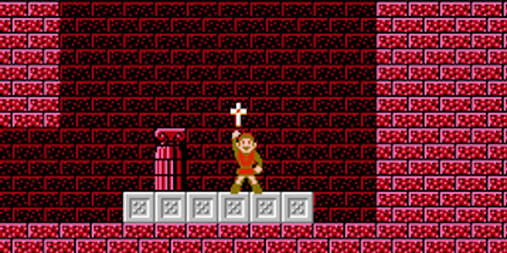 Link obtains the cross in Legend of Zelda II.