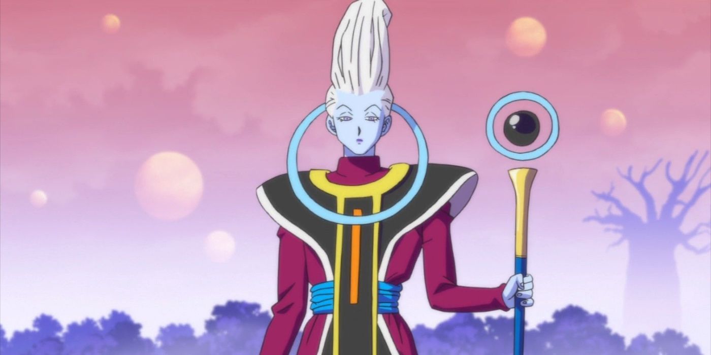 Whis, the Angel assigned to Universe 7, stands with his staff in Dragon Ball Super.