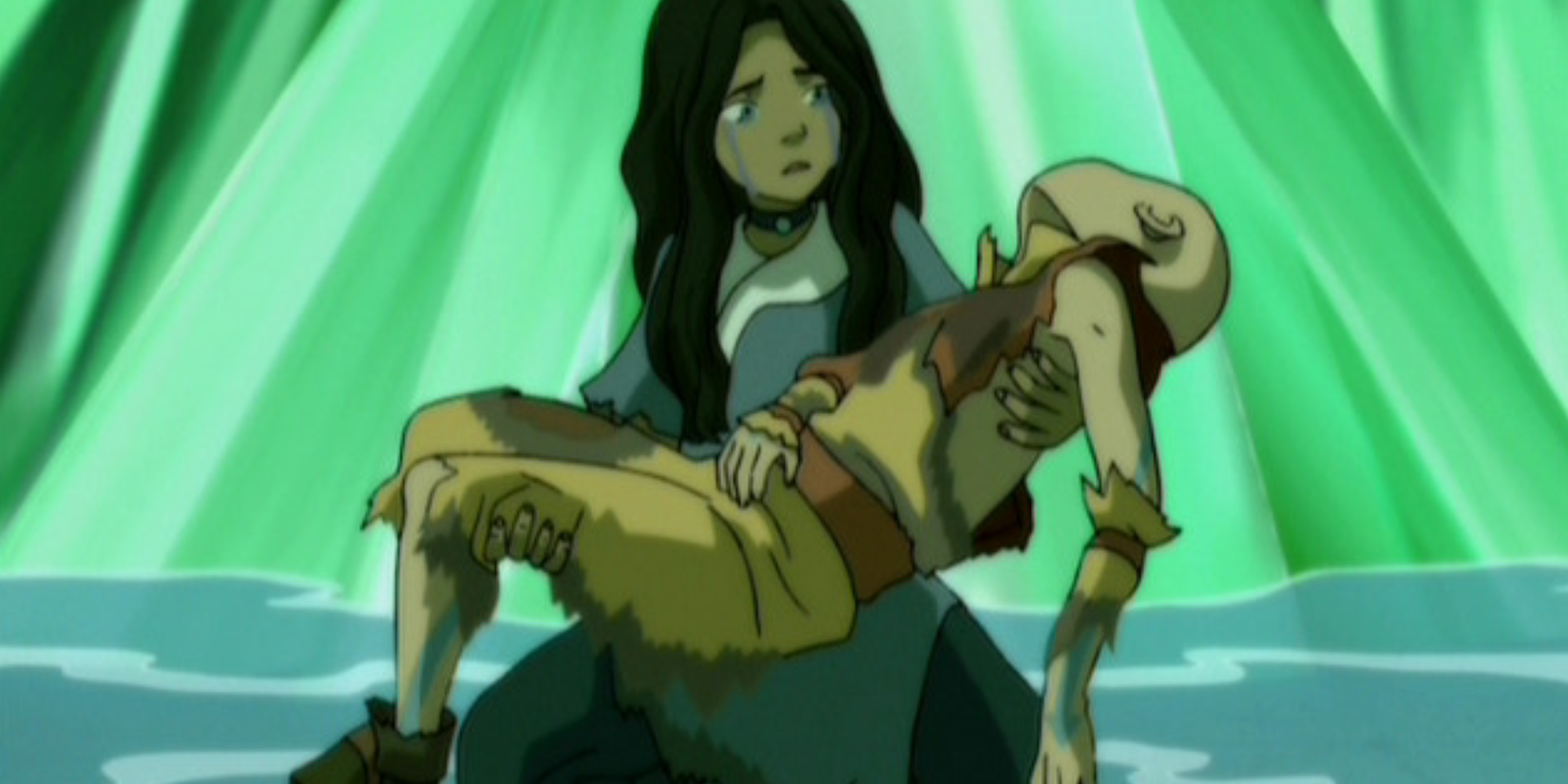 Katara holds Aang after Azula's lightning in ATLA.