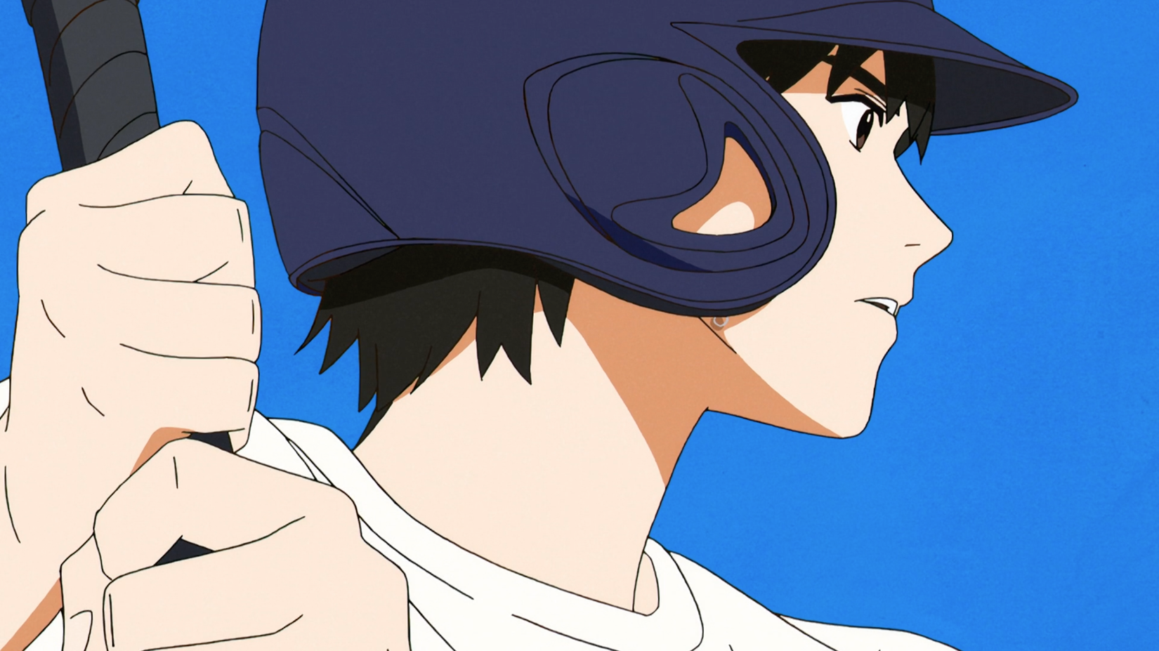Nagara batting with a baseball helmet on in Sonny Boy