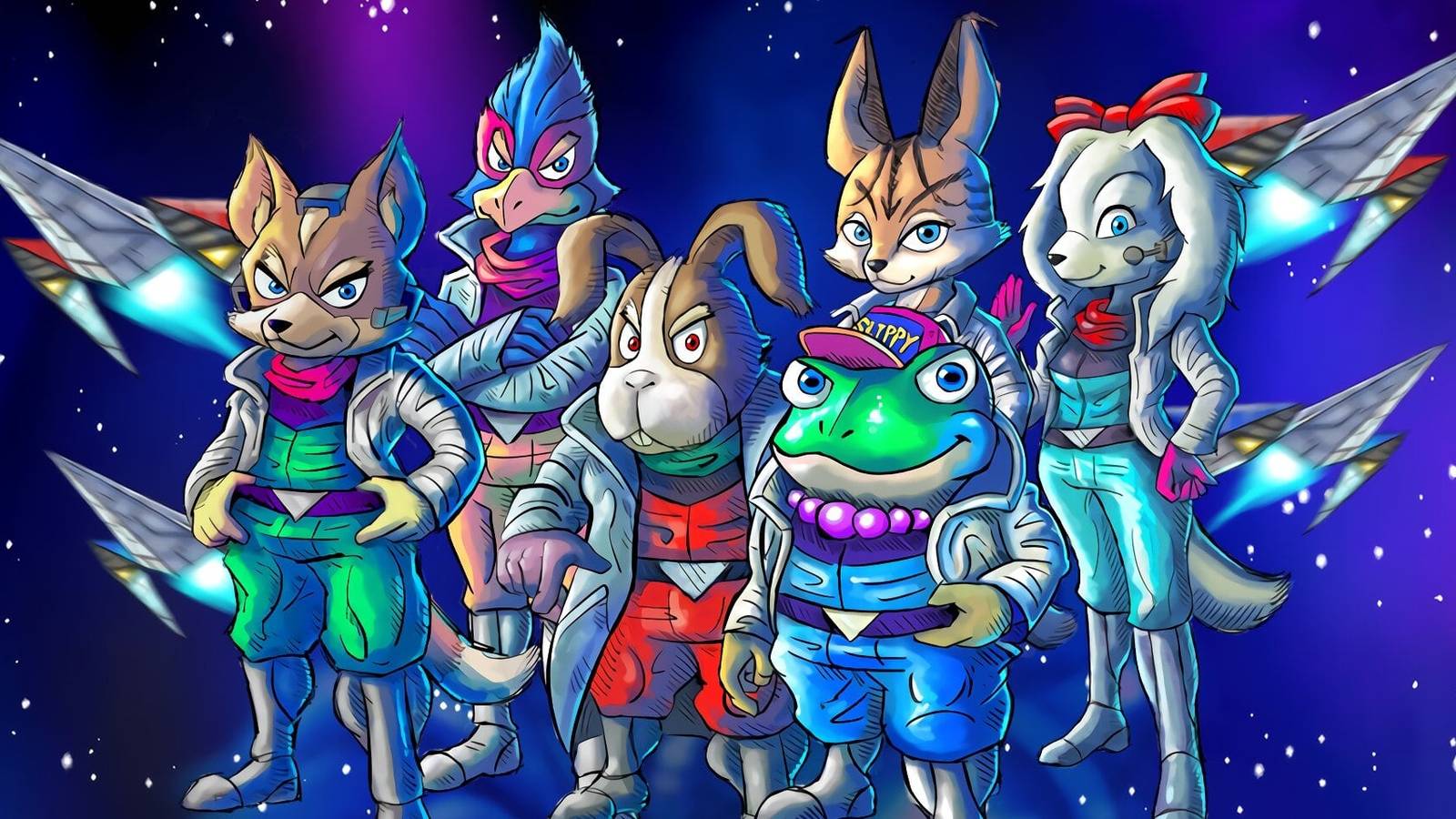 Star Fox key art featuring the main cast on a galactic background.