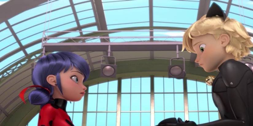 Marinette and Adrien are dressed as Ladybug and Cat Noir for Frightening Gale’s Music Video. 