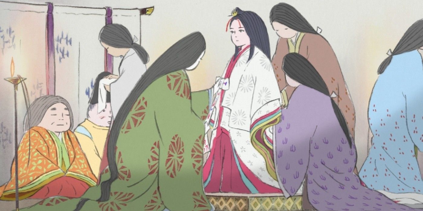 The maidens prepare Kaguya for the ceremony in Princess Kaguya's Tale