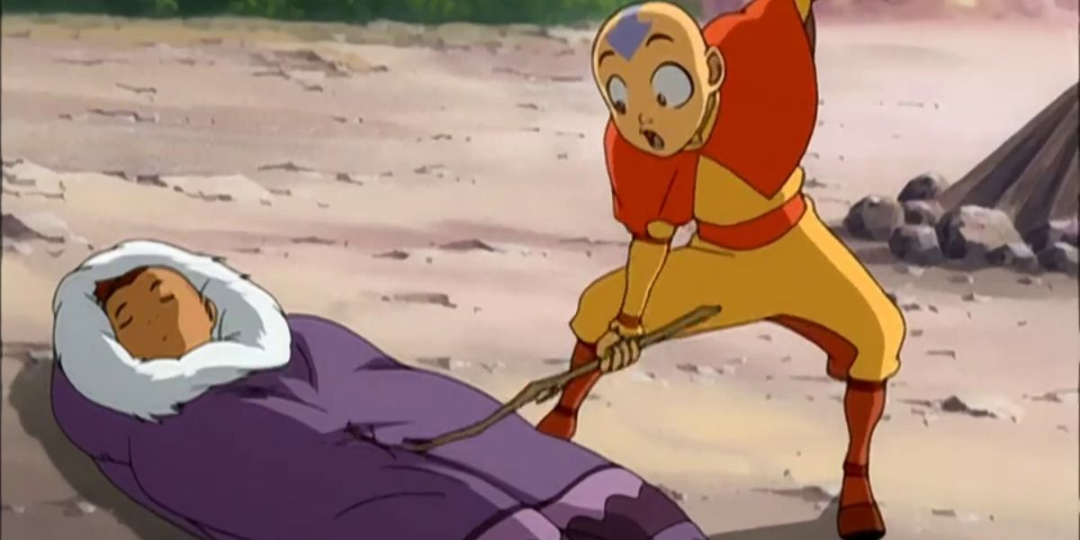 Aang running a stick along Sokkas sleeping bag