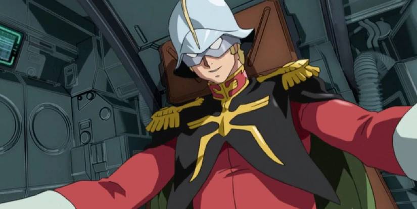 Char Aznable smiling and piloting a mecha in the first Mobile Suit Gundam anime