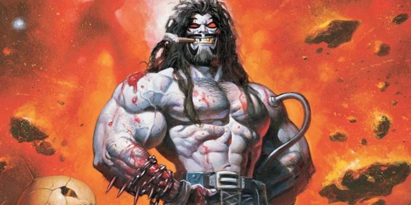 Lobo smokes a cigar while standing in space, covered in blood