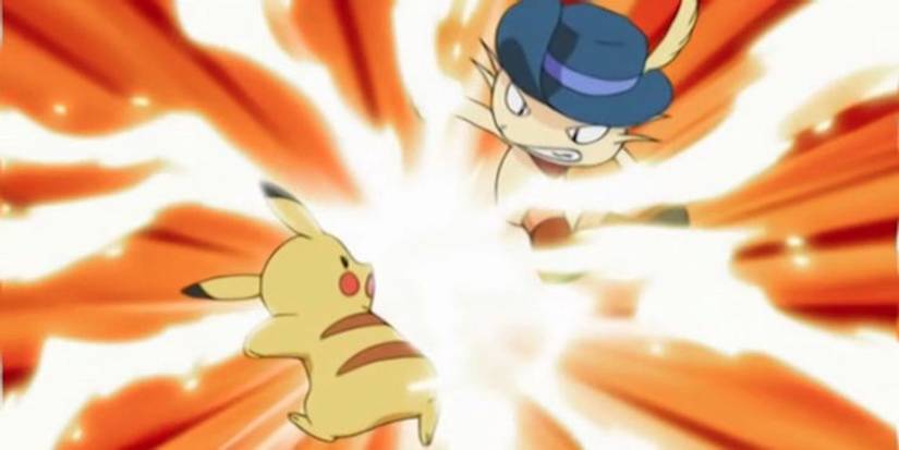 Ash's Pikachu vs Tyson's Meowth in the Pokémon anime.