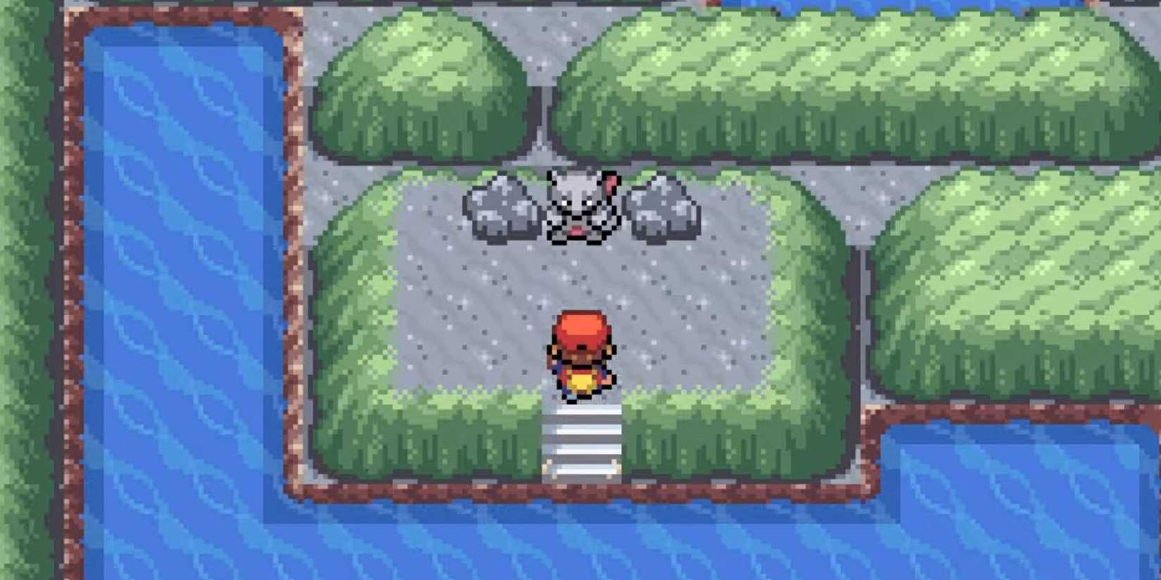 The main character of Pokémon FireRed and LeafGreen is approaching Mewtwo in a cave.