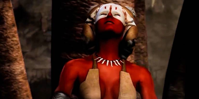 Shaak Ti lifts up her head as she prepares to fall into the sarlacc pit in The Force Unleashed.