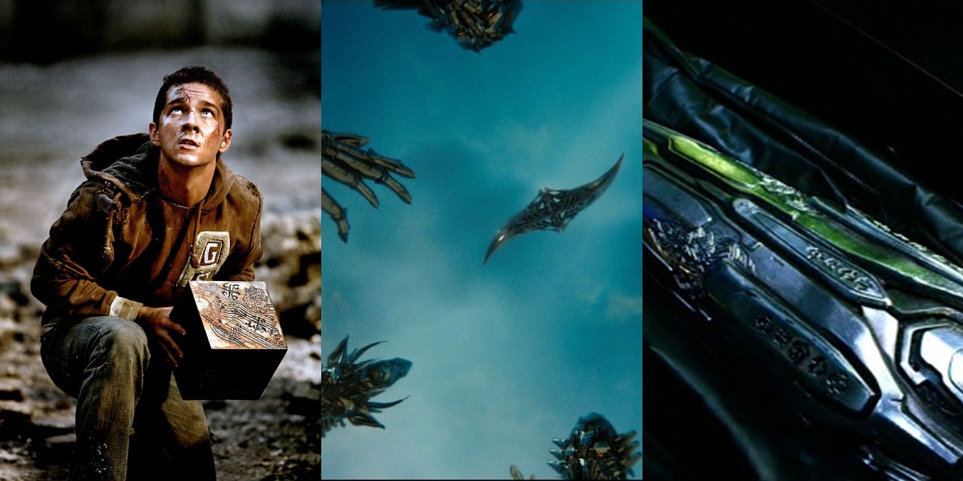 A combined image featuring several items that act as MacGuffins throughout the Transformers film series, such as the AllSpark on the left, the Matrix of Leadership in the middle, and the Seed on the right.