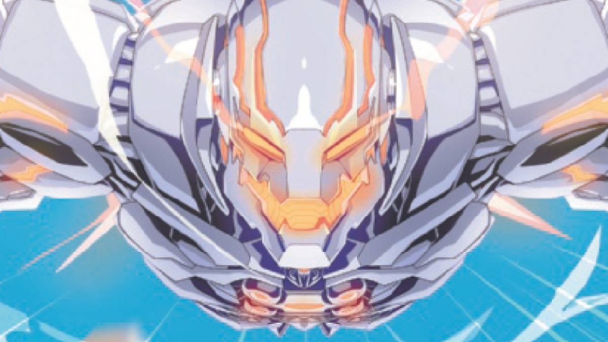 Marvel style Ultron character in a vibrant Japanese Isekai anime fantasy landscape