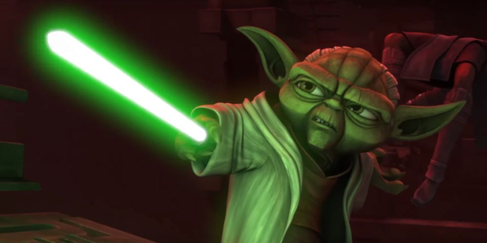 Yoda brandindo seu sabre de luz na 6ª temporada de Star Wars: The Clone Wars