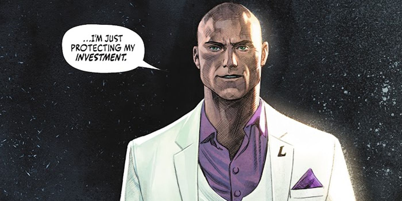 Lex Luthor in a white and purple suit speaking to Batman about his investment in Batman Inc