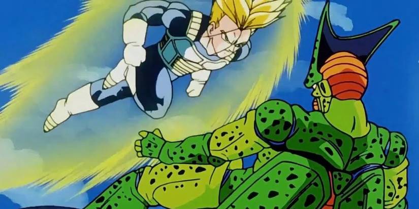 Super Saiyan Future Trunks attacks Imperfect Cell in Dragon Ball Z