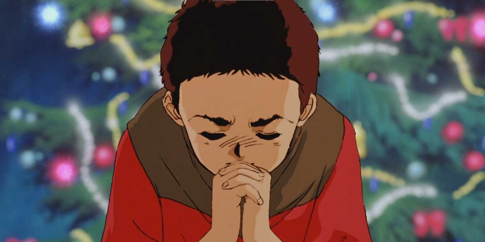 Al prays in front of a Christmas tree in Mobile Suit Gundam 0080: War in the Pocket.