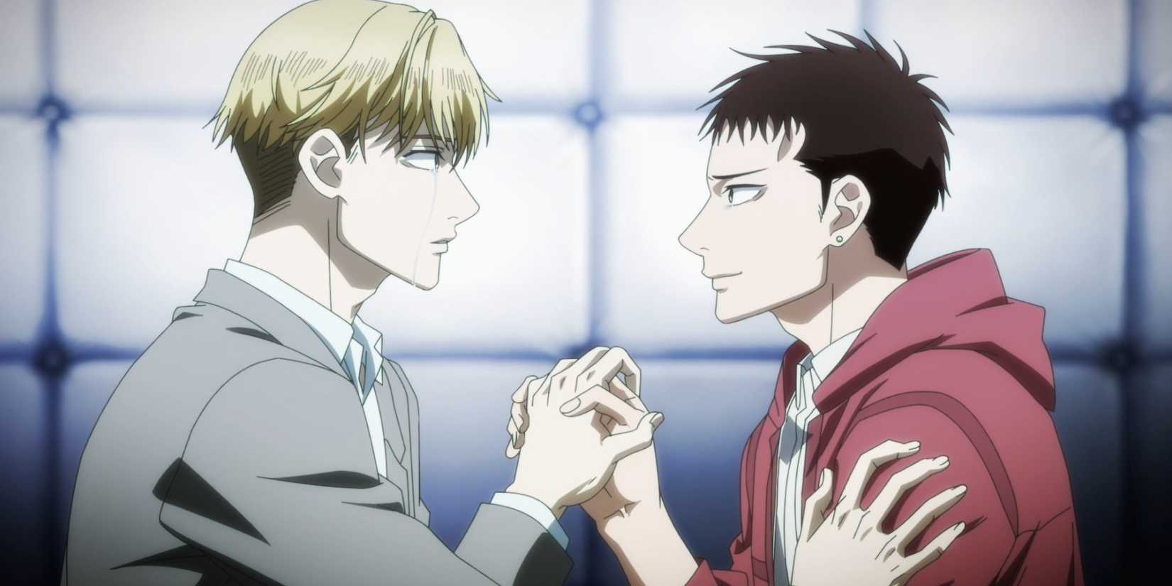Hiyakawa and Mikado hold hands in The Night Beyond the Tricornered Window