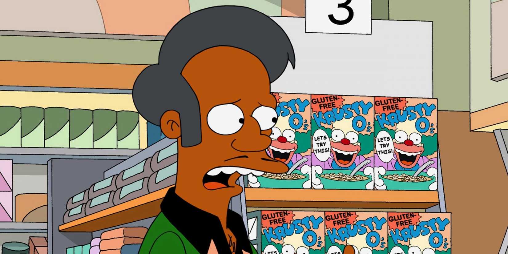 Apu Nahasapeemapetilon looks concerned in the Kwik-E Mart in the Simpsons.