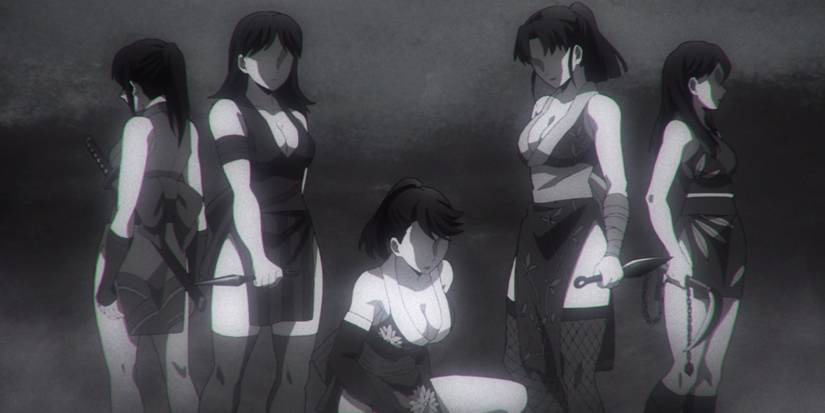 A monochrome image of Kunoichi ninjas lined up in Demon Slayer.