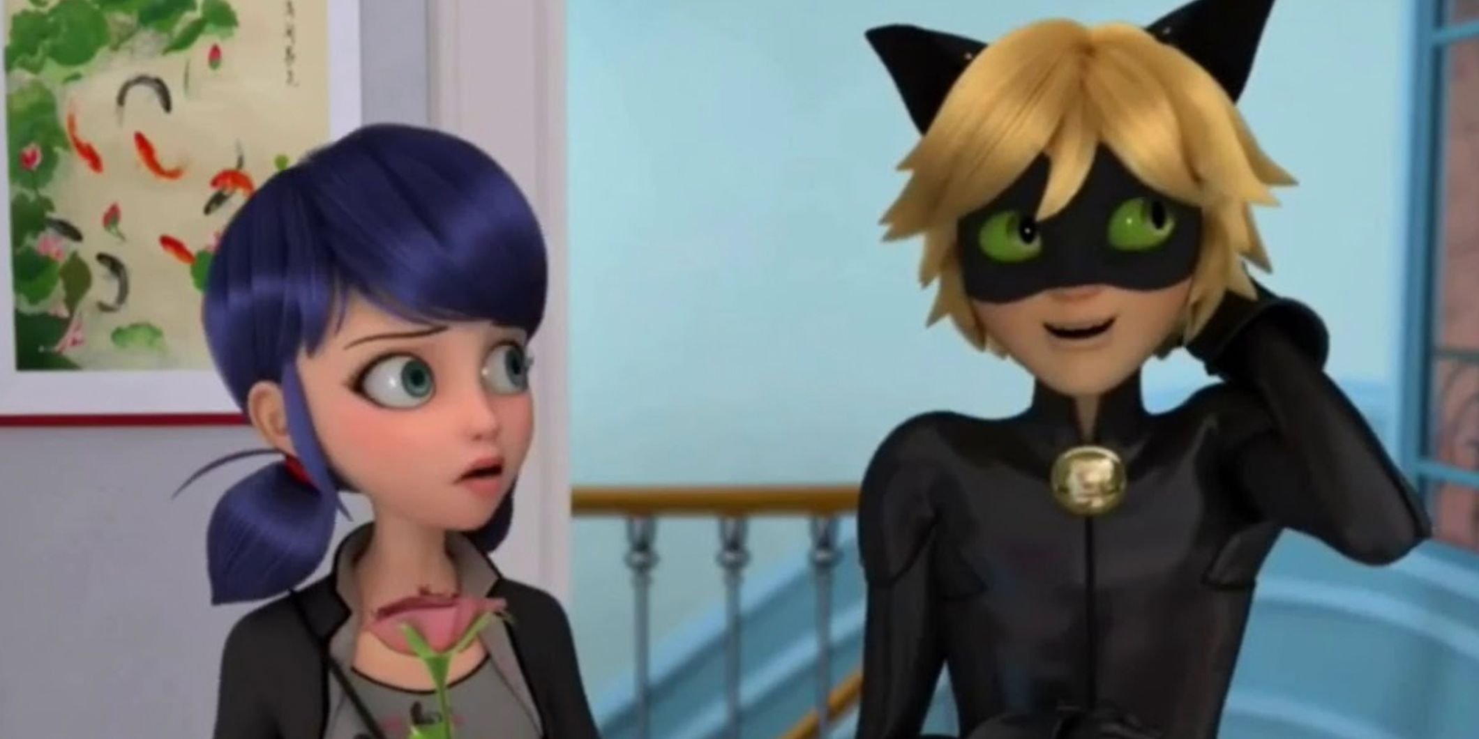 Marinette gets a flower from Cat Noir in the Miraculous Ladybug episode Weredad