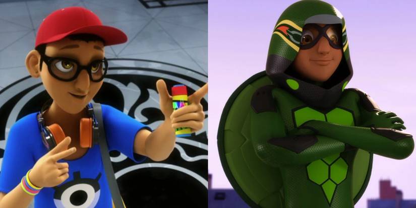 A split image depicts Nino and Carapace in Miraculous Ladybug.