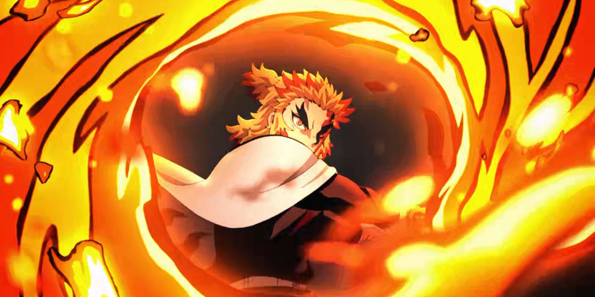 Demon Slayer's Kyojuro Rengoku in a ring of flames
