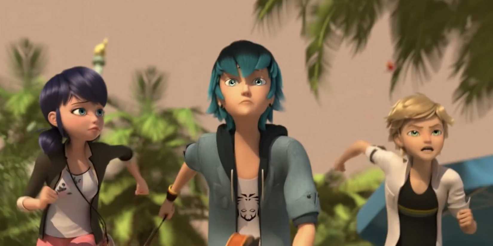 Marinette, Luka, and Adrien are on the run in Miraculous Ladybug S4E18 Wishmaker.