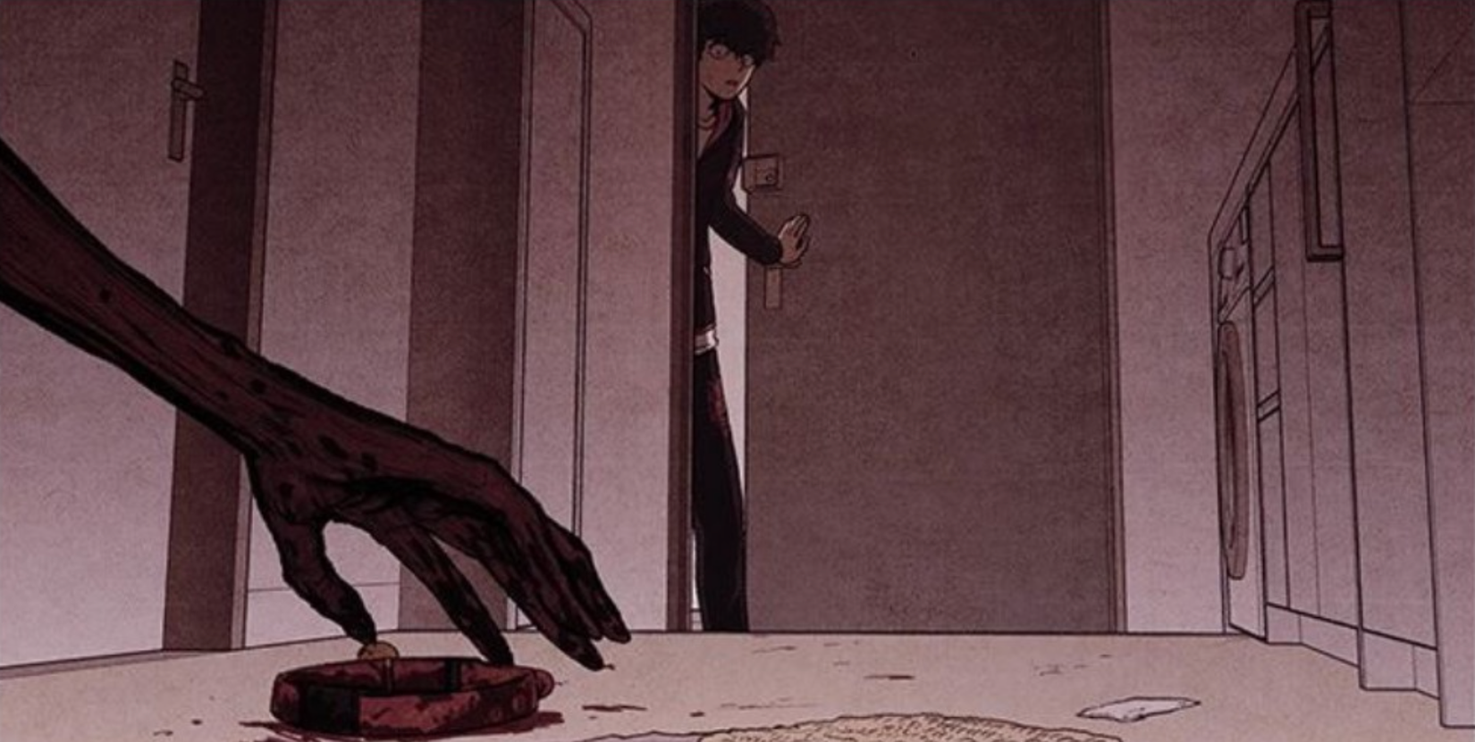 Hyuk stands in a doorway watching as a leathery hand reaches for a bloody pet collar on the floor from Carnby Kim's webtoon, Sweet Home