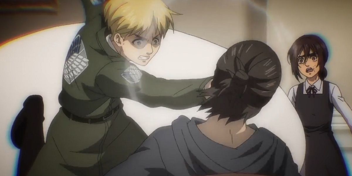 armin and eren and mikasa fight argue attack on titan Cropped