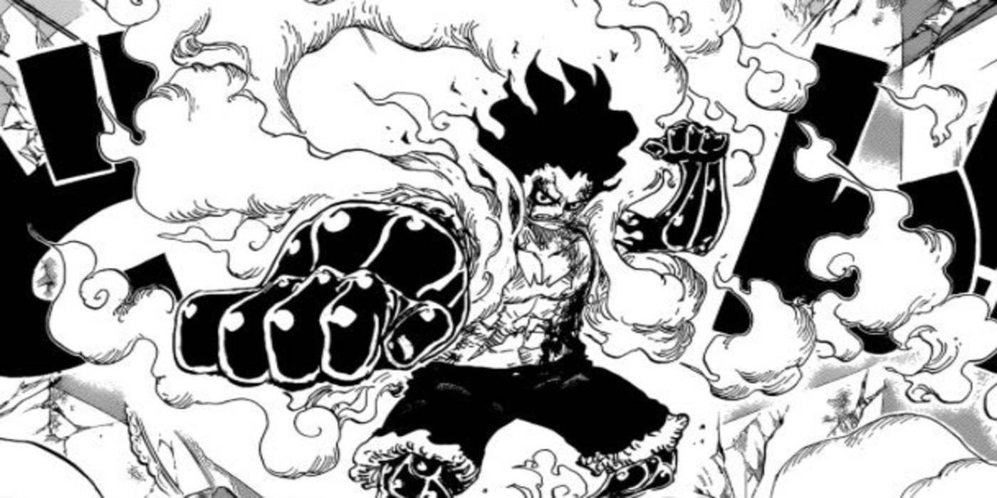 Luffy usando sua versão Gear Four Snakeman no painel em preto e branco do mangá