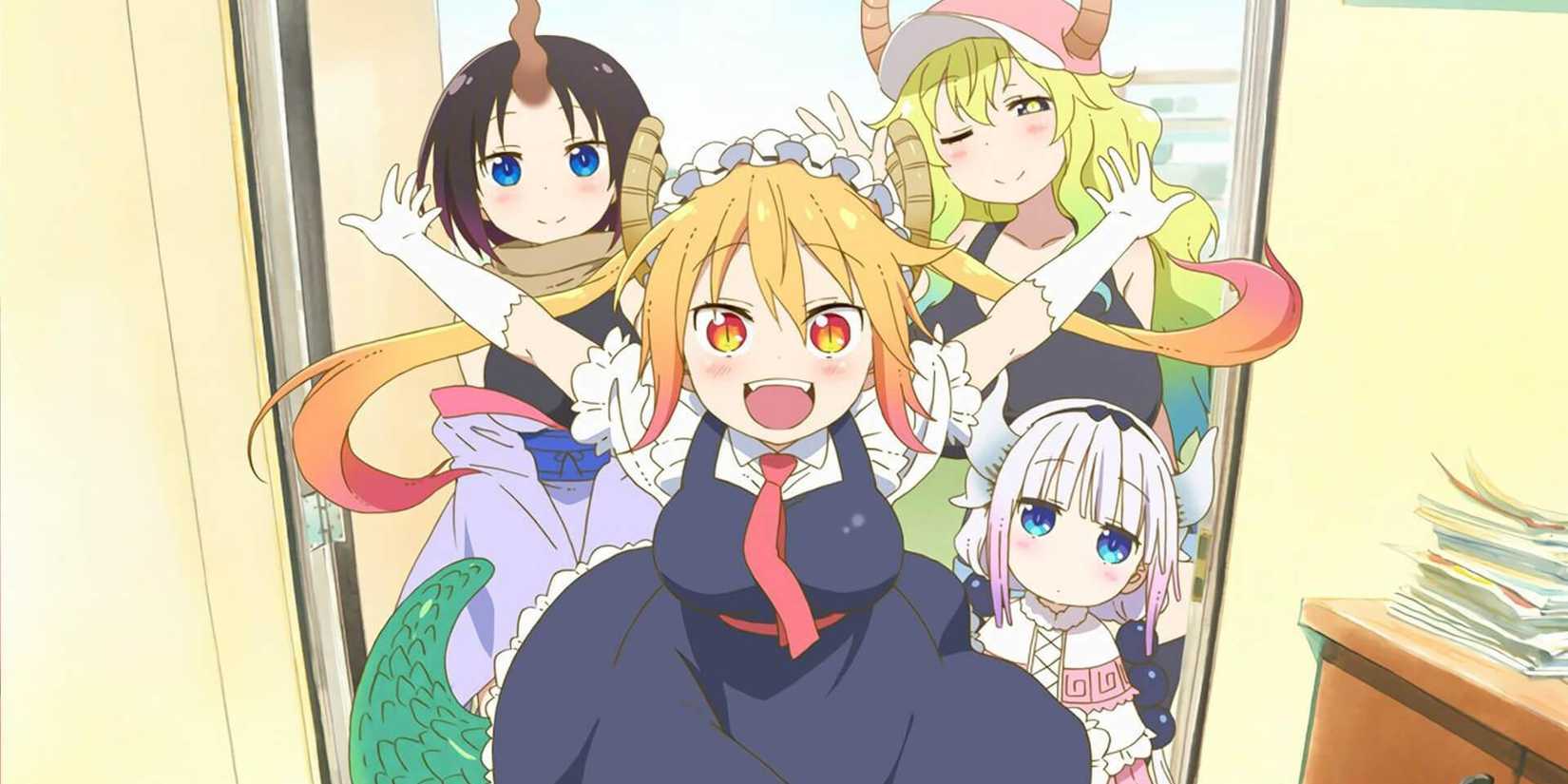 The cast of Miss Kobayashi's Dragon Maid, with Tohru at the lead