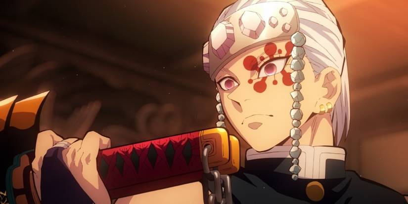 Tengen Uzui from Demon Slayer holds his Nichirin Cleavers.