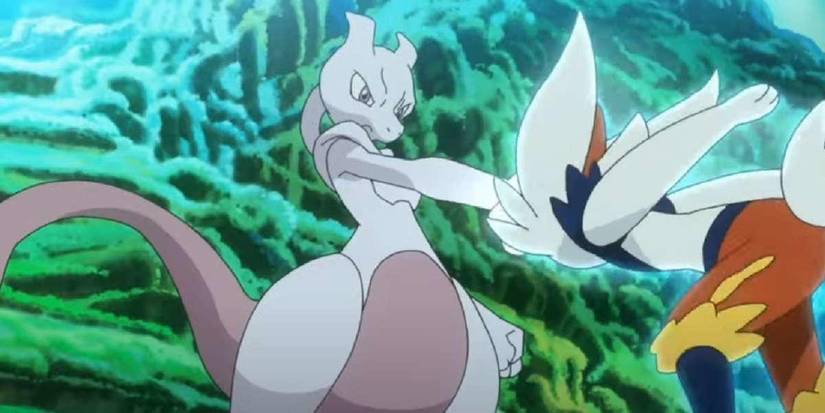 Mewtwo fighting Goh's Cinderace in the Pokemon Journeys anime