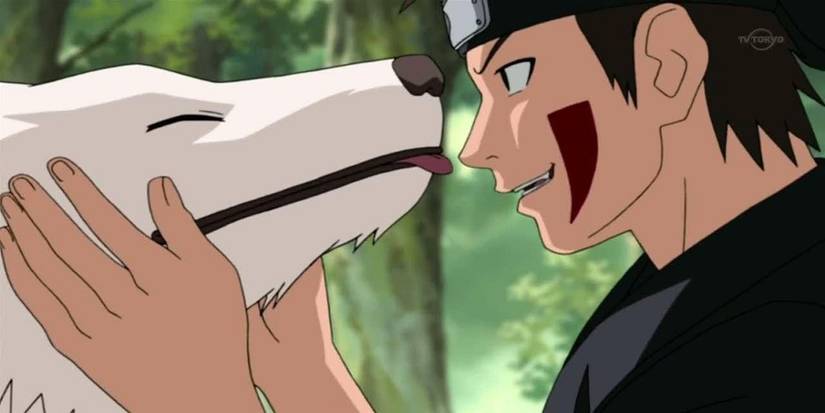 Kiba Inuzuka pets Akamaru in Naruto Shippuden.