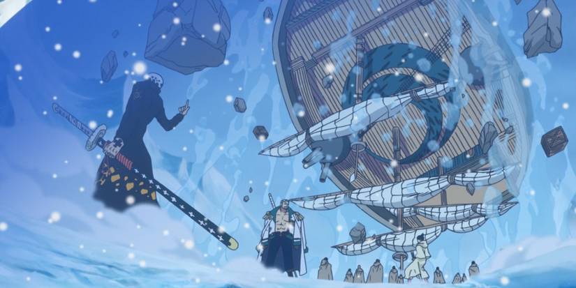 Trafalgar D. Water Law using the power of his Ope Ope no Mi Devil Fruit to levitate Smoker's ship in Punk Hazard