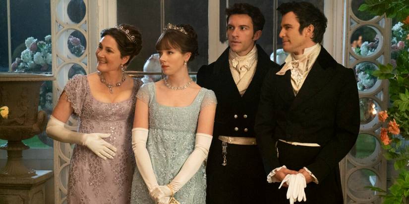 Violet, Eloise, Anthony and Benedict standing at a ball on Bridgerton Season 2.