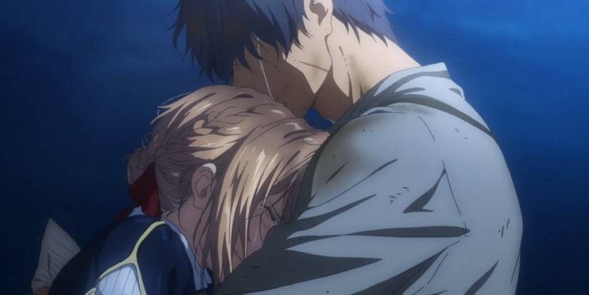 Violet and Major Gilbert embrace in Violet Evergarden