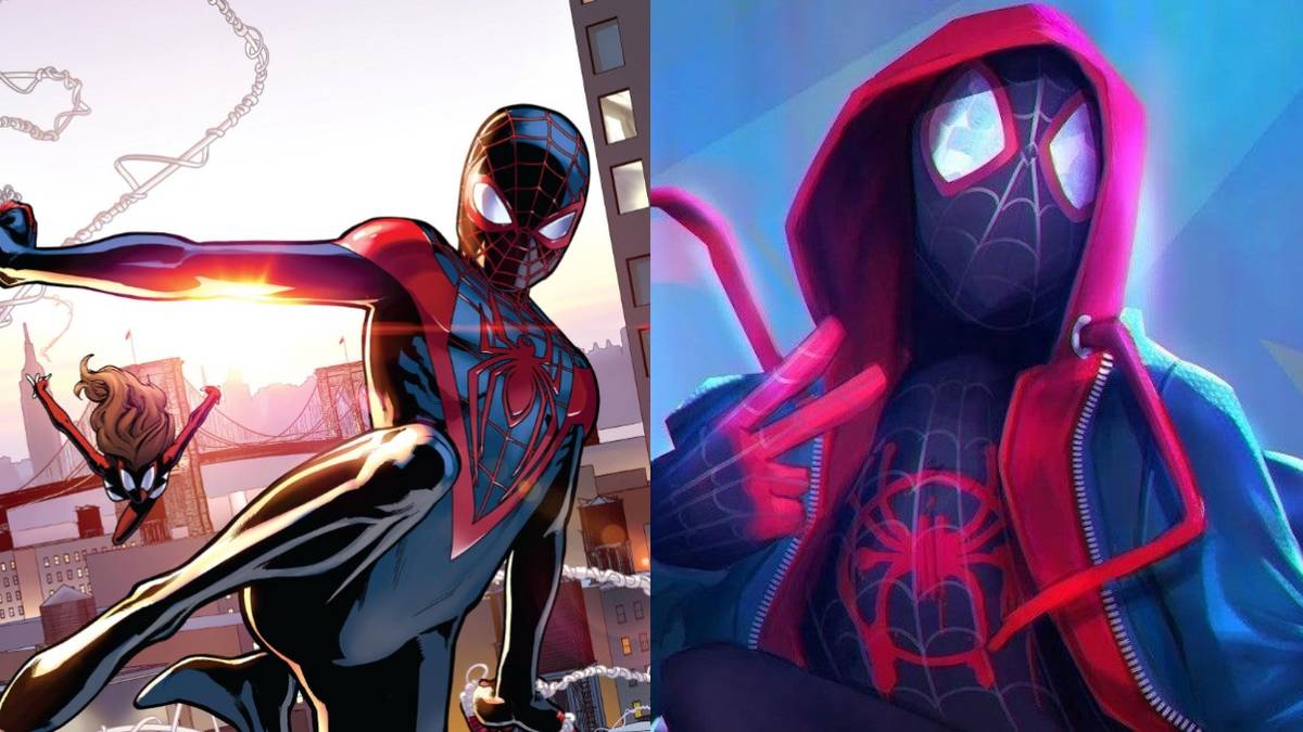 What Into The Spider-Verse Changed About Miles Morales Split Featured Miles Swinging Through the City and Miles from Into The Spider-Verse