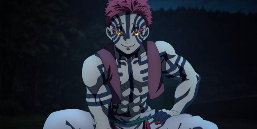 Akaza from Demon Slayer squatting.