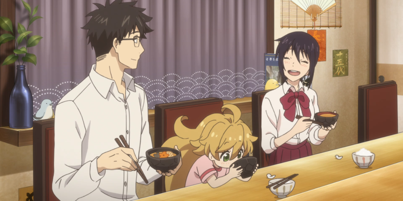 The characters of Sweetness and Lightning eat a meal together.
