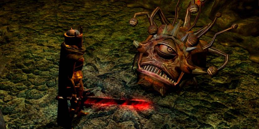 An adventure slays a Beholder in Neverwinter Nights.