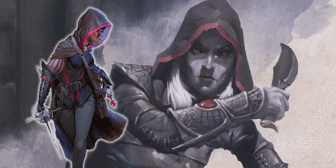 An image of a rogue from D&D walking with a sword is superimposed in front of an image of another rogue holding a knife.