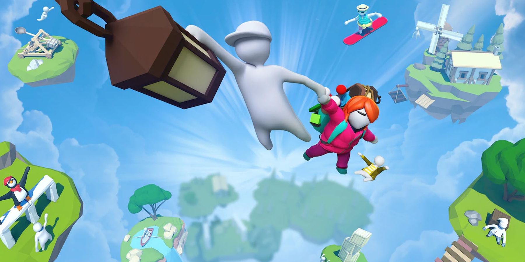 A player hangs onto another player, with another player falling to their doom, while being pulling into the air in Human: Fall Flat.
