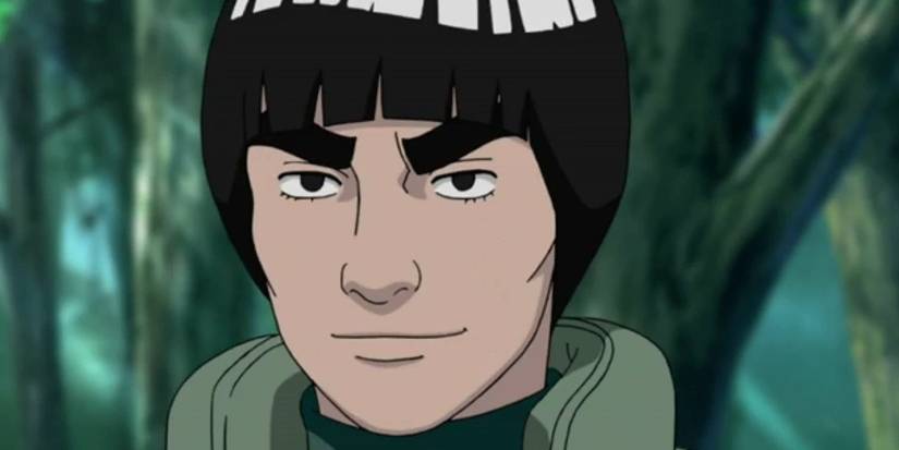 Might Guy smiling after meeting Kakashi  in a forest in Naruto.Shippuden.