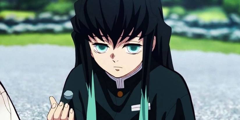 Muichiro tosses a rock with an inscrutable expression on his face in Demon Slayer.