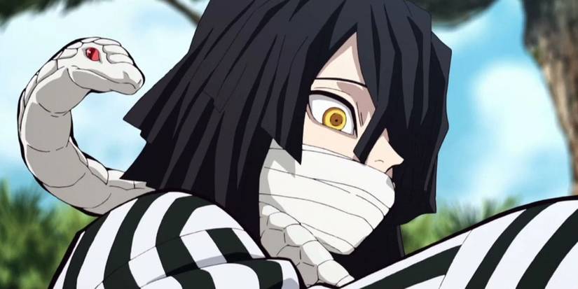 Obanai looks down with a snake on his shoulder in Demon Slayer